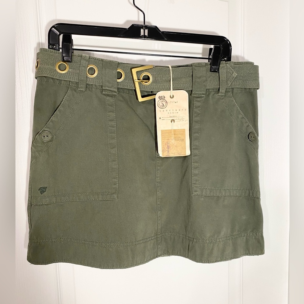 Y2K VTG Sanctuary Belted Canvas Utility Mini Skirt Olive Green Size 12